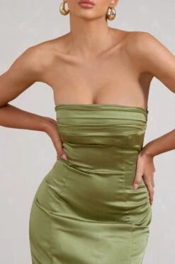 Sauvignon | Olive Satin Bandeau Midi Dress With Cowl Back -ENY Clothing Shop WB CL128476113 SauvignonOliveSatinBandeauMidiDressWithCowlBack4