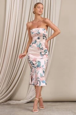 Sauvignon | Pink Floral Satin Bandeau Midi Dress With Cowl Back -ENY Clothing Shop WB CL128476146 Sauvignon PinkFloral6
