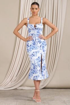 Corvina | Blue Floral Strappy Laced Corset Split Midi Dress -ENY Clothing Shop WB CL128477144 CorvinaBlueFloralStrappyLacedCorsetSplitMidiDress0