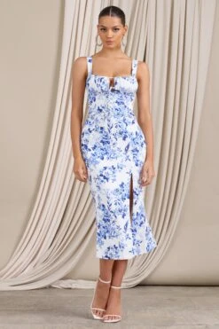Corvina | Blue Floral Strappy Laced Corset Split Midi Dress