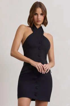 Dani | Black Halter Neck Tailored Buttoned Bodycon Mini Dress -ENY Clothing Shop WB CL128487002 DaniBlackHalterNeckTailoredButtonedBodyconMiniDress4