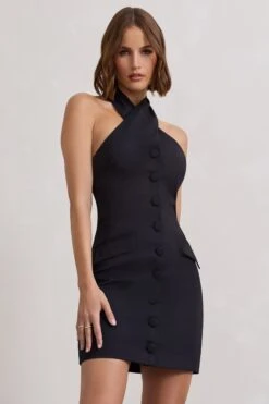 Dani | Black Halter Neck Tailored Buttoned Bodycon Mini Dress -ENY Clothing Shop WB CL128487002 DaniBlackHalterNeckTailoredButtonedBodyconMiniDress7