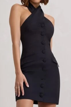 Dani | Black Halter Neck Tailored Buttoned Bodycon Mini Dress -ENY Clothing Shop WB CL128487002 DaniBlackHalterNeckTailoredButtonedBodyconMiniDress7copy