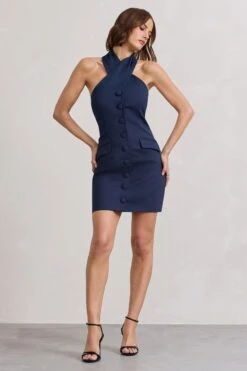 Dani | Navy Halter Neck Tailored Buttoned Bodycon Mini Dress 11 Dani | Navy Halter Neck Tailored Buttoned Bodycon Mini Dress -ENY Clothing Shop WB CL128487015 DaniNavyHalterNeckTailoredButtonedBodyconMiniDress0