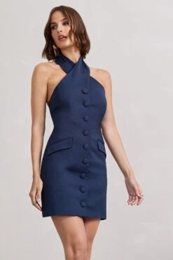 Dani | Navy Halter Neck Tailored Buttoned Bodycon Mini Dress 10 Dani | Navy Halter Neck Tailored Buttoned Bodycon Mini Dress -ENY Clothing Shop WB CL128487015 DaniNavyHalterNeckTailoredButtonedBodyconMiniDress5