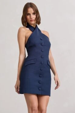 Dani | Navy Halter Neck Tailored Buttoned Bodycon Mini Dress 9 Dani | Navy Halter Neck Tailored Buttoned Bodycon Mini Dress -ENY Clothing Shop WB CL128487015 DaniNavyHalterNeckTailoredButtonedBodyconMiniDress6