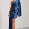 Hanna | Navy Asymmetric Draped Satin Mini Dress -ENY Clothing Shop WB CL128638015 Hanna NavyAsymmetricDrapedSatinDress3