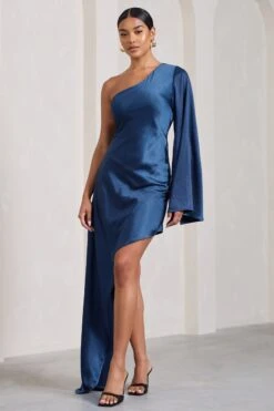 Hanna | Navy Asymmetric Draped Satin Mini Dress