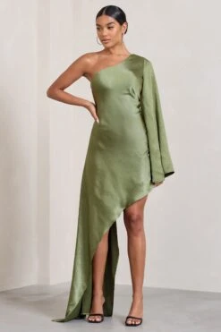 Hanna | Olive Asymmetric Draped Satin Mini Dress -ENY Clothing Shop WB CL128638113 Hanna OliveAsymmetricDrapedSatinMiniDress0