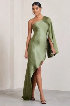 Hanna | Olive Asymmetric Draped Satin Mini Dress -ENY Clothing Shop WB CL128638113 Hanna OliveAsymmetricDrapedSatinMiniDress2