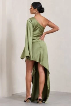 Hanna | Olive Asymmetric Draped Satin Mini Dress -ENY Clothing Shop WB CL128638113 Hanna OliveAsymmetricDrapedSatinMiniDress3