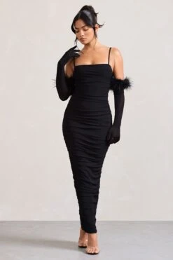 Ellis | Black Ruched Mesh Strappy Bodycon Maxi Dress -ENY Clothing Shop WB CL128707002 EllisBlackRuchedMeshStrappyBodyconMaxiDress CL128718002 SpicySignsBlackLong SleevedFeatherGloves2 0307738d f163 48c4 8c6b 7cd3ec24f9e1