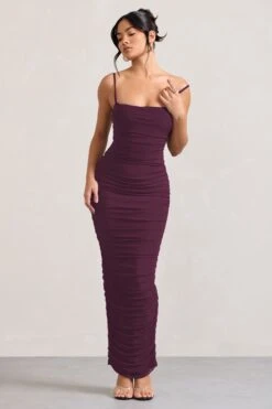 Ellis | Plum Ruched Mesh Strappy Bodycon Maxi Dress -ENY Clothing Shop WB CL128707002 EllisPlumRuchedMeshStrappyBodyconMaxiDress2