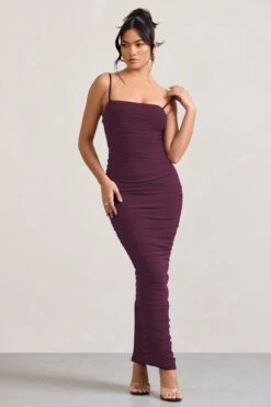Ellis | Plum Ruched Mesh Strappy Bodycon Maxi Dress -ENY Clothing Shop WB CL128707002 EllisPlumRuchedMeshStrappyBodyconMaxiDress3