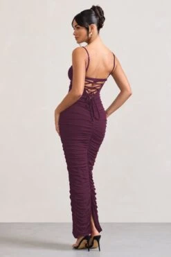 Ellis | Plum Ruched Mesh Strappy Bodycon Maxi Dress -ENY Clothing Shop WB CL128707002 EllisPlumRuchedMeshStrappyBodyconMaxiDress5
