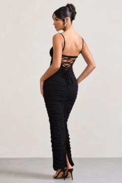 Ellis | Black Ruched Mesh Strappy Bodycon Maxi Dress -ENY Clothing Shop WB CL128707002 EllisPlumRuchedMeshStrappyBodyconMaxiDress5 b3d66913 ad7e 49af ab78 9b87ddc72022