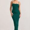 Ellis | Bottle Green Ruched Mesh Strappy Bodycon Maxi Dress -ENY Clothing Shop WB CL128707047 EllisBottleGreenRuchedMeshStrappyBodyconMaxiDress0