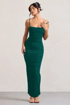Ellis | Bottle Green Ruched Mesh Strappy Bodycon Maxi Dress -ENY Clothing Shop WB CL128707047 EllisBottleGreenRuchedMeshStrappyBodyconMaxiDress2