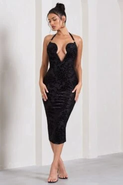 Amelia | Black Velvet Floral Halter-Neck Midi Dress -ENY Clothing Shop WB CL128715002 AmeliaBlackSheerVelvetFloralHalter NeckMidiDress0