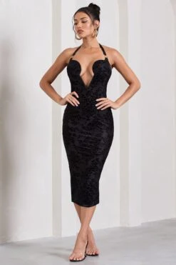 Amelia | Black Velvet Floral Halter-Neck Midi Dress -ENY Clothing Shop WB CL128715002 AmeliaBlackSheerVelvetFloralHalter NeckMidiDress1