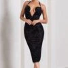 Amelia | Black Velvet Floral Halter-Neck Midi Dress -ENY Clothing Shop WB CL128715002 AmeliaBlackSheerVelvetFloralHalter NeckMidiDress3