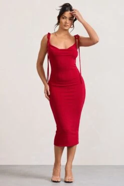 Irina | Red Cowl-Neck Bodycon Midi Dress -ENY Clothing Shop WB CL128730004 IrinaRedCowl NeckBodyconMidiDress3