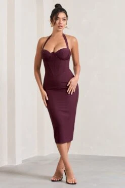 Supermodel | Burgundy Halter-Neck Corset Midi Dress -ENY Clothing Shop WB CL128734069 SupermodelBurgundyHalter NeckCorsetMidiDress2