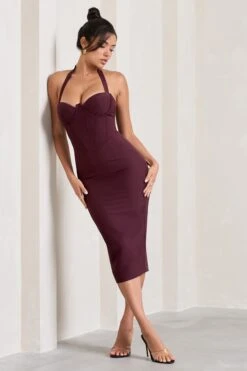 Supermodel | Burgundy Halter-Neck Corset Midi Dress -ENY Clothing Shop WB CL128734069 SupermodelBurgundyHalter NeckCorsetMidiDress4