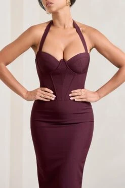 Supermodel | Burgundy Halter-Neck Corset Midi Dress -ENY Clothing Shop WB CL128734069 SupermodelBurgundyHalter NeckCorsetMidiDress5