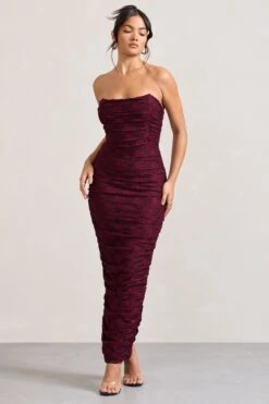 Paparazzi | Burgundy Ruched Lace Strapless Bandeau Maxi Dress -ENY Clothing Shop WB CL128737069 PaparazziBurgundyRuchedLaceStraplessBandeauMaxiDress0