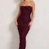 Paparazzi | Burgundy Ruched Lace Strapless Bandeau Maxi Dress
