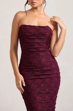 Paparazzi | Burgundy Ruched Lace Strapless Bandeau Maxi Dress -ENY Clothing Shop WB CL128737069 PaparazziBurgundyRuchedLaceStraplessBandeauMaxiDress3