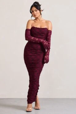 Paparazzi | Burgundy Ruched Lace Strapless Bandeau Maxi Dress -ENY Clothing Shop WB CL128737069 PaparazziBurgundyRuchedLaceStraplessBandeauMaxiDress CL128738069 PregoBurgundyLaceLongRuchedGloves2