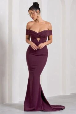 Inspiration | Burgundy Sheer Bardot Fishtail Maxi Dress -ENY Clothing Shop WB CL128740069 InspirationBurgundySheerBardotFishtailMaxiDress2