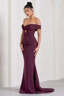 Inspiration | Burgundy Sheer Bardot Fishtail Maxi Dress -ENY Clothing Shop WB CL128740069 InspirationBurgundySheerBardotFishtailMaxiDress5