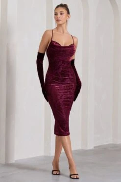 Whitney | Berry Velvet Floral Strappy Sweetheart Midi Dress -ENY Clothing Shop WB CL128781101 HotHandsPortLongVelvetGloves1 bf485a5d e31d 4ca2 916b b9a618b65091