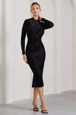 Chamonix | Black Sheer Velvet Floral Long-Sleeved Midi Dress -ENY Clothing Shop WB CL128790002 ChamonixBlackSheerVelvetFloralLong SleevedMidiDress2