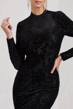 Chamonix | Black Sheer Velvet Floral Long-Sleeved Midi Dress -ENY Clothing Shop WB CL128790002 ChamonixBlackSheerVelvetFloralLong SleevedMidiDress4