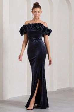 Esmeralda | Navy Velvet Structured Ruffled Bardot Maxi Dress -ENY Clothing Shop WB CL128794015 EsmeraldaNavyVelvetStructuredRuffledBardotMaxiDress2