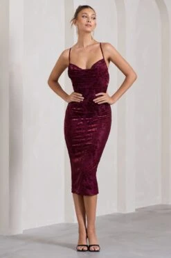 Whitney | Berry Velvet Floral Strappy Sweetheart Midi Dress -ENY Clothing Shop WB CL128795064 WhitneyBerrySheerVelvetFloralStrappySweetheartMidiDress7