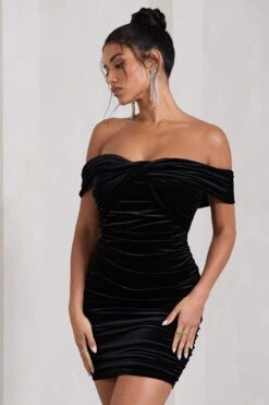 Appreciate | Black Velvet Twisted Bardot Ruched Mini Dress -ENY Clothing Shop WB CL128803002 AppreciateBlackVelvetTwistedBardotRuchedMiniDress4