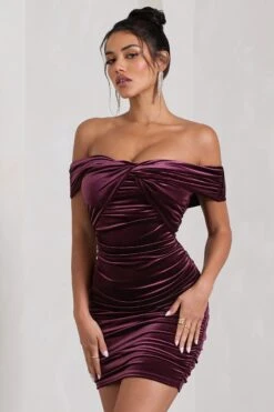 Appreciate | Port Velvet Twisted Bardot Ruched Mini Dress -ENY Clothing Shop WB CL128803101 AppreciatePortVelvetTwistedBardotRuchedMiniDress3