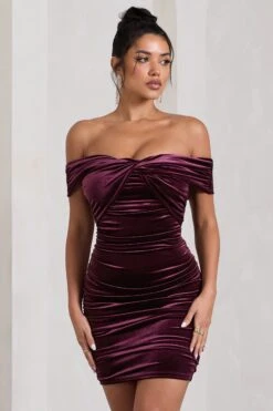 Appreciate | Port Velvet Twisted Bardot Ruched Mini Dress -ENY Clothing Shop WB CL128803101 AppreciatePortVelvetTwistedBardotRuchedMiniDress4