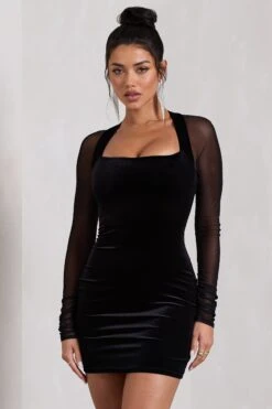 Off-Piste | Black Velvet Bodycon Mini Dress With Sheer Sleeves -ENY Clothing Shop WB CL128805002 Off PisteBlackVelvetBodyconMiniDressWithSheerSleeves2