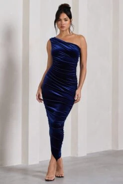 Dorit | Navy Velvet One Shoulder Asymmetric Ruched Midi Dress -ENY Clothing Shop WB CL128812015 DoritNavyVelvetOneShoulderAsymmetricRuchedMidiDress1