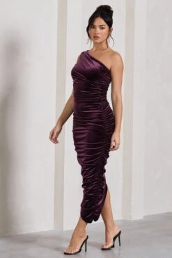 Dorit | Dark Purple Velvet One Shoulder Asymmetric Ruched Midi Dress -ENY Clothing Shop WB CL128812101 DoritDarkPurpleVelvetOneShoulderAsymmetricRuchedMidiDress2