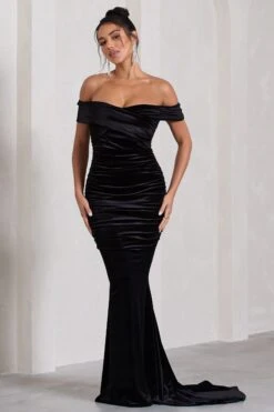 Apolline | Black Velvet Off The Shoulder Ruched Fishtail Maxi Dress -ENY Clothing Shop WB CL128814002 ApollineBlackVelvetOffTheShoulderRuchedFishtailMaxiDress0