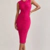 Alight | Fuchsia Pink Ruched Mesh Sleeveless Bodycon Midi Dress 1 Alight | Fuchsia Pink Ruched Mesh Sleeveless Bodycon Midi Dress -ENY Clothing Shop WB CL128817057 Alight FuchsiaPinkRuchedMeshSleevelessBodyconMidiDress0
