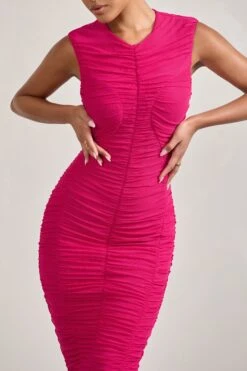 Alight | Fuchsia Pink Ruched Mesh Sleeveless Bodycon Midi Dress -ENY Clothing Shop WB CL128817057 Alight FuchsiaPinkRuchedMeshSleevelessBodyconMidiDress5