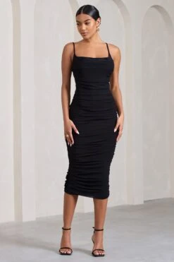 Bree | Black Ruched Mesh Strappy Bodycon Midi Dress -ENY Clothing Shop WB CL128821002 Bree BlackRuchedMeshStrappyBodyconMidiDress4 21674d26 4ab9 4b9d aa04 bc903c39041a
